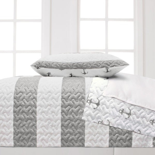 3 Piece Nautical Stripped/Anchors Reversible Microfiber Quilt Set Grey, King-Novel Home
