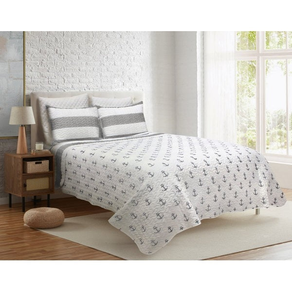 3 Piece Nautical Stripped/Anchors Reversible Microfiber Quilt Set Grey, King-Novel Home