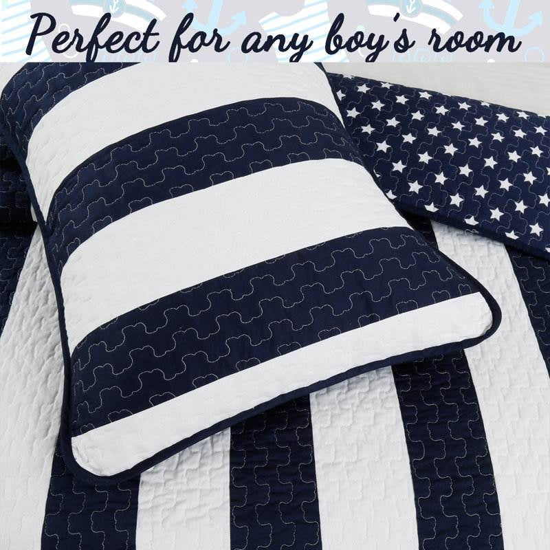 Bedroom > Quilts & Blankets - King 3 Piece Reversible Navy White Stars Stripes 100-Percent Cotton Quilt Set