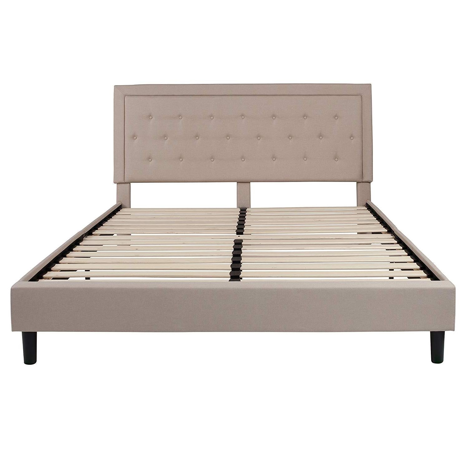 Bedroom > Bed Frames > Platform Beds - King Beige Upholstered Platform Bed Frame With Button Tufted Headboard