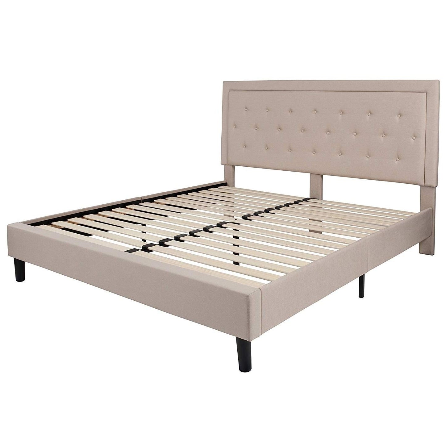 Bedroom > Bed Frames > Platform Beds - King Beige Upholstered Platform Bed Frame With Button Tufted Headboard