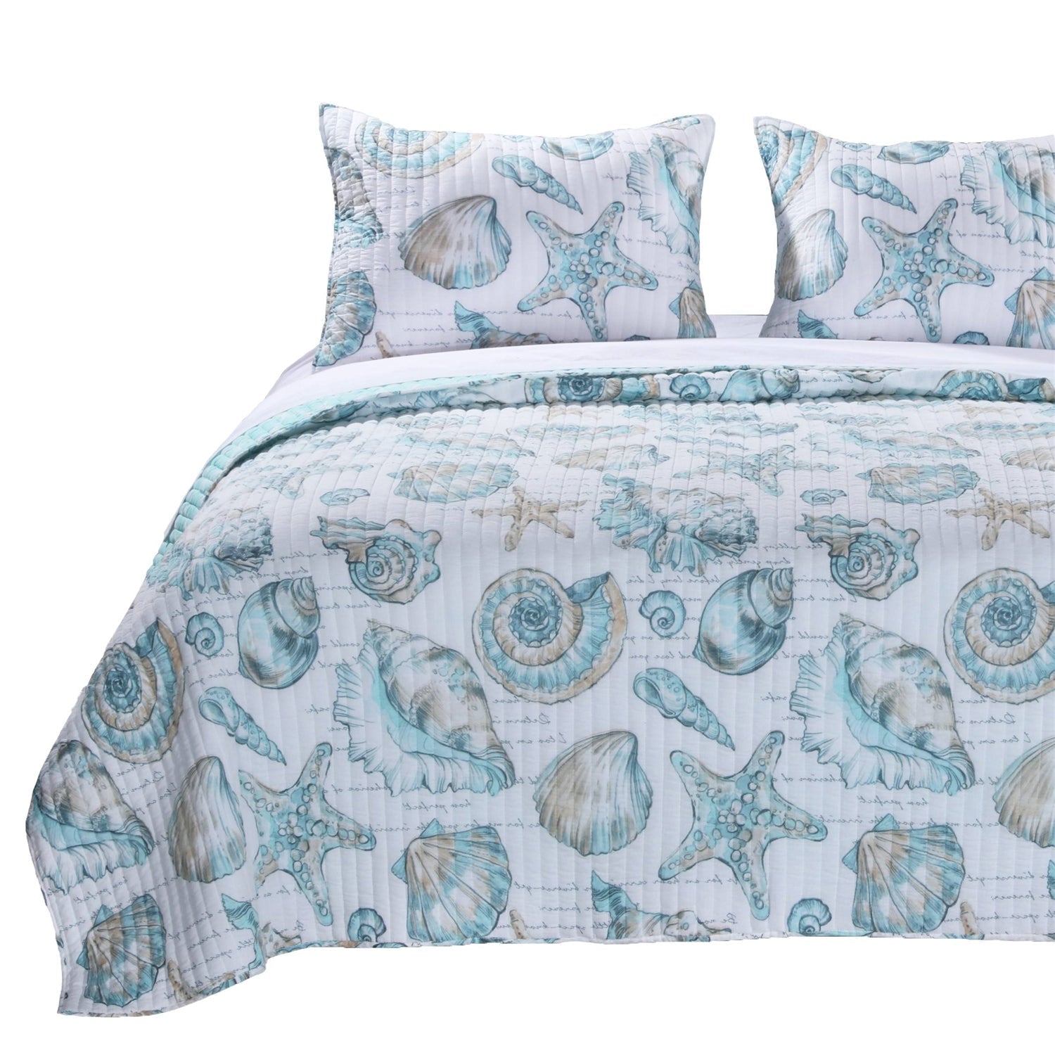 Bedroom > Quilts & Blankets - King Size Coastal Seashells 3 Piece White Teal Polyester Reversible Quilt Set