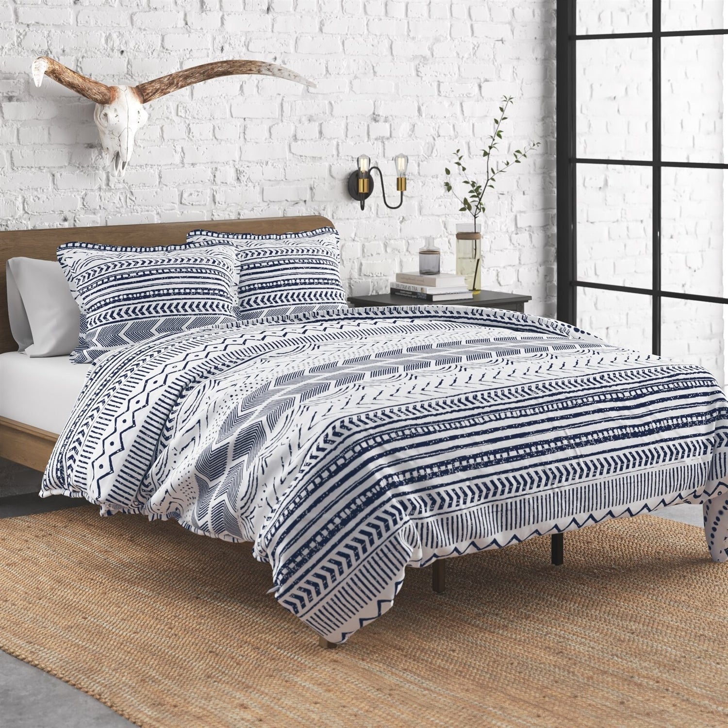 Bedroom > Quilts & Blankets - 3 Piece Scandinavian Blue White Reversible Cotton Set In King