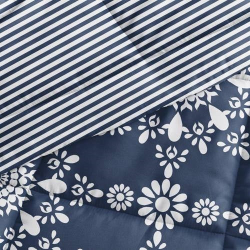 Bedroom > Comforters And Sets - King Size 3-Piece Navy Blue White Reversible Floral Striped Comforter Set