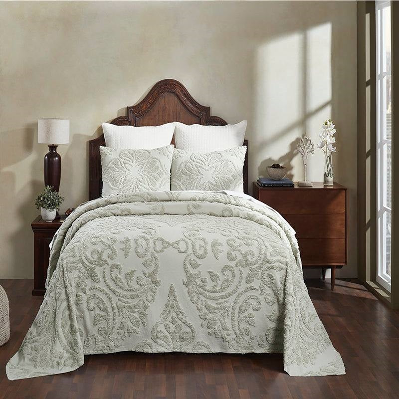 Bedroom > Bedspreads - King Size 100-Percent Cotton Chenille 3-Piece Coverlet Bedspread Set In Sage