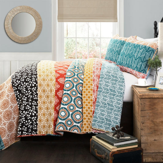 Bedroom > Quilts & Blankets - King Size Cotton 3 Piece Reversible Teal Orange Bohemian Stripe Quilt Set