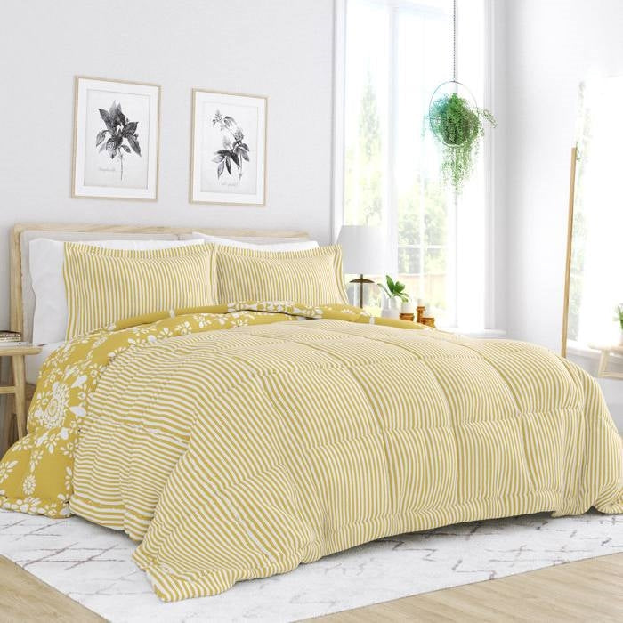 Bedroom > Comforters And Sets - King Size 3 Piece Yellow Reversible Daisy Medallion Stripped Comforter Set