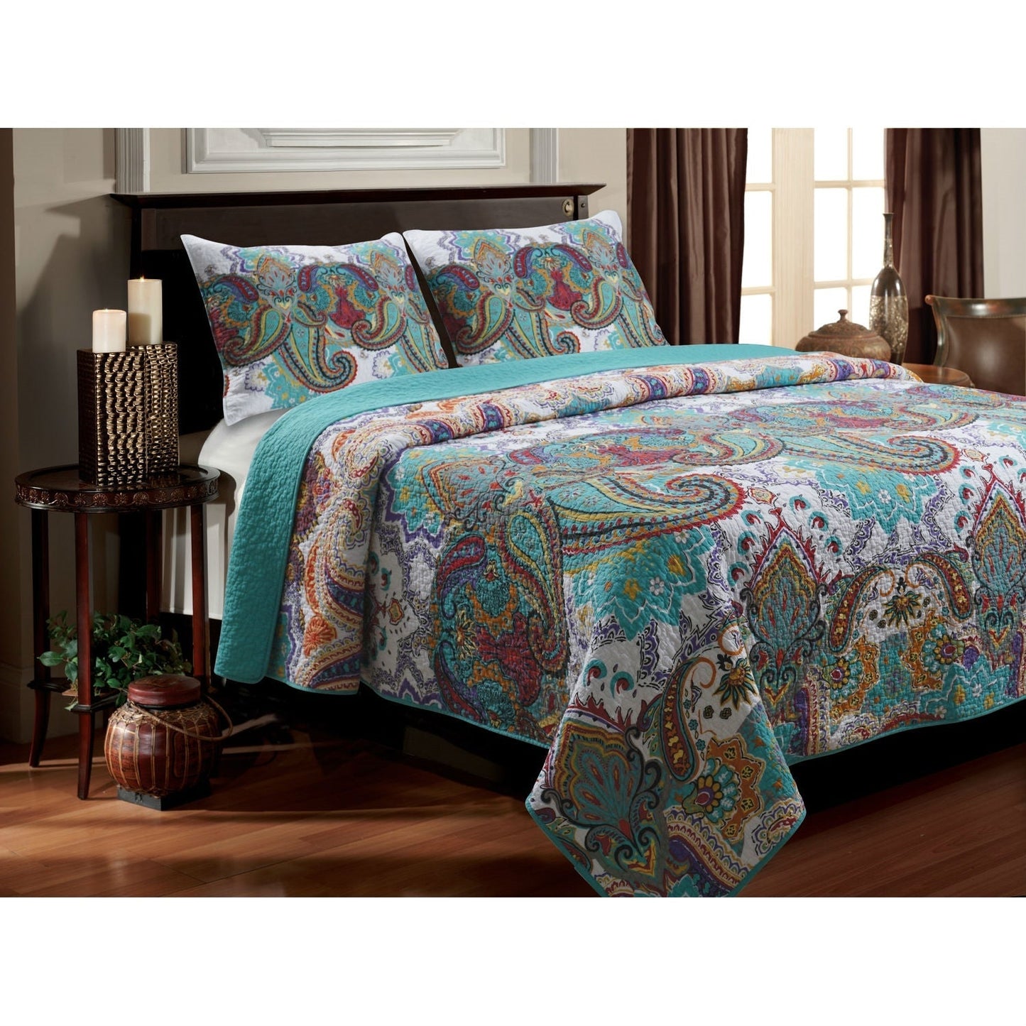 Bedroom > Quilts & Blankets - King Size 100-Percent Cotton Quilt Set In Teal Paisley Pattern - Preshrunk