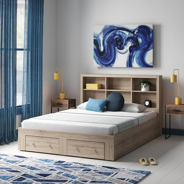 Bedroom > Bed Frames > Platform Beds - King Size Rustic Oak FarmHouse Low Profile 2 Drawer Storage Platform Bed