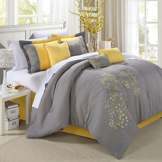 Bedroom > Comforters And Sets - King Size 8-Piece Modern Yellow Grey Floral Comforter Set