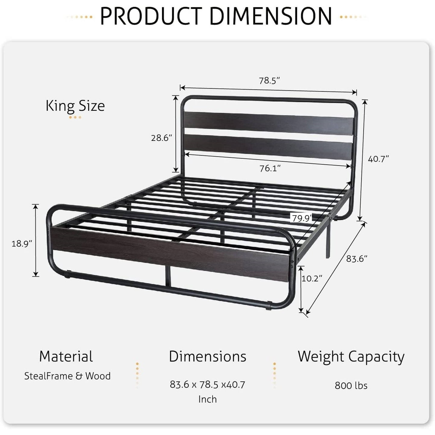 Bedroom > Bed Frames > Platform Beds - King Heavy Duty Round Metal Frame Platform Bed With Black Wood Panel Headboard