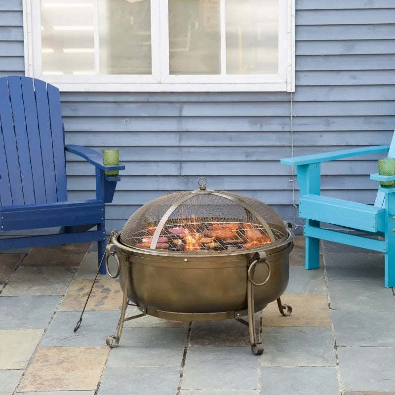 Outdoor > Outdoor Decor > Fire Pits - Large Wood Burning Fire Pit Cauldron Style Steel Bowl W/ BBQ Grill, Log Poker, And Mesh Screen Lid