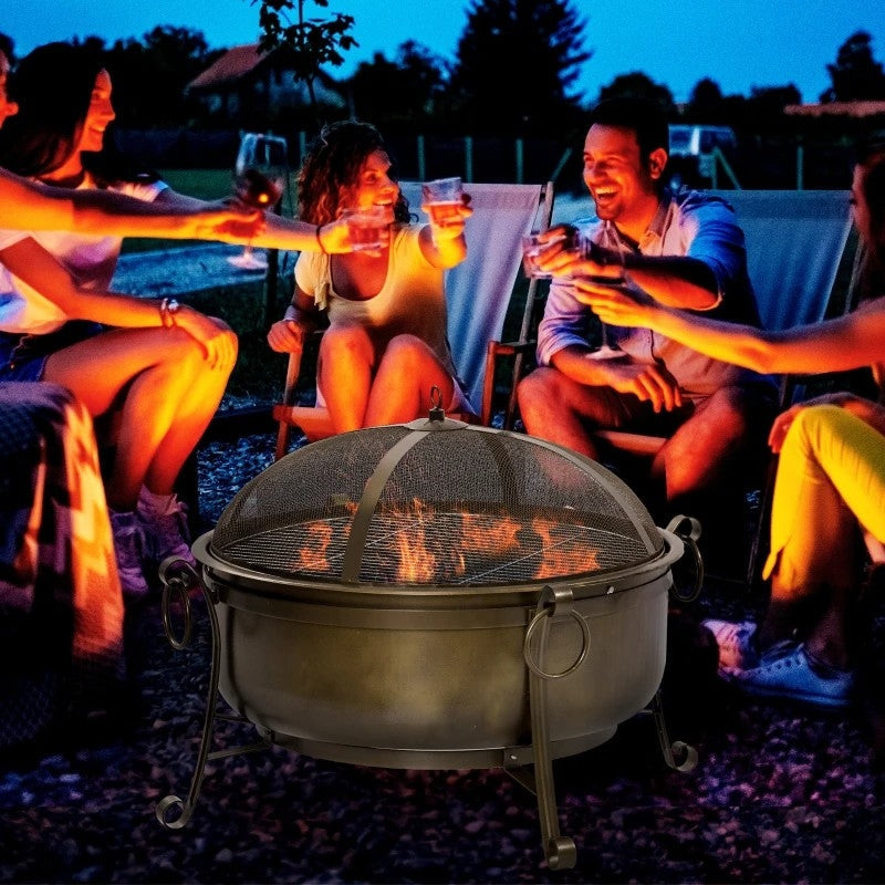 Outdoor > Outdoor Decor > Fire Pits - Large Wood Burning Fire Pit Cauldron Style Steel Bowl W/ BBQ Grill, Log Poker, And Mesh Screen Lid