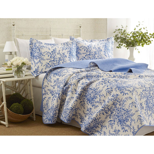 Bedroom > Bedspreads - King Size 100-Percent Cotton Quilt Bedspread Set With Blue White Floral Leaves Pattern