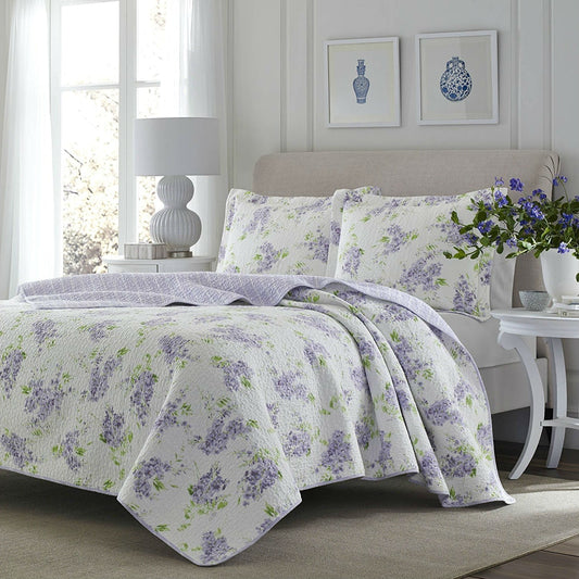 Bedroom > Quilts & Blankets - Full / Queen Size 3-Piece Cotton Quilt Set With White Purple Floral Pattern
