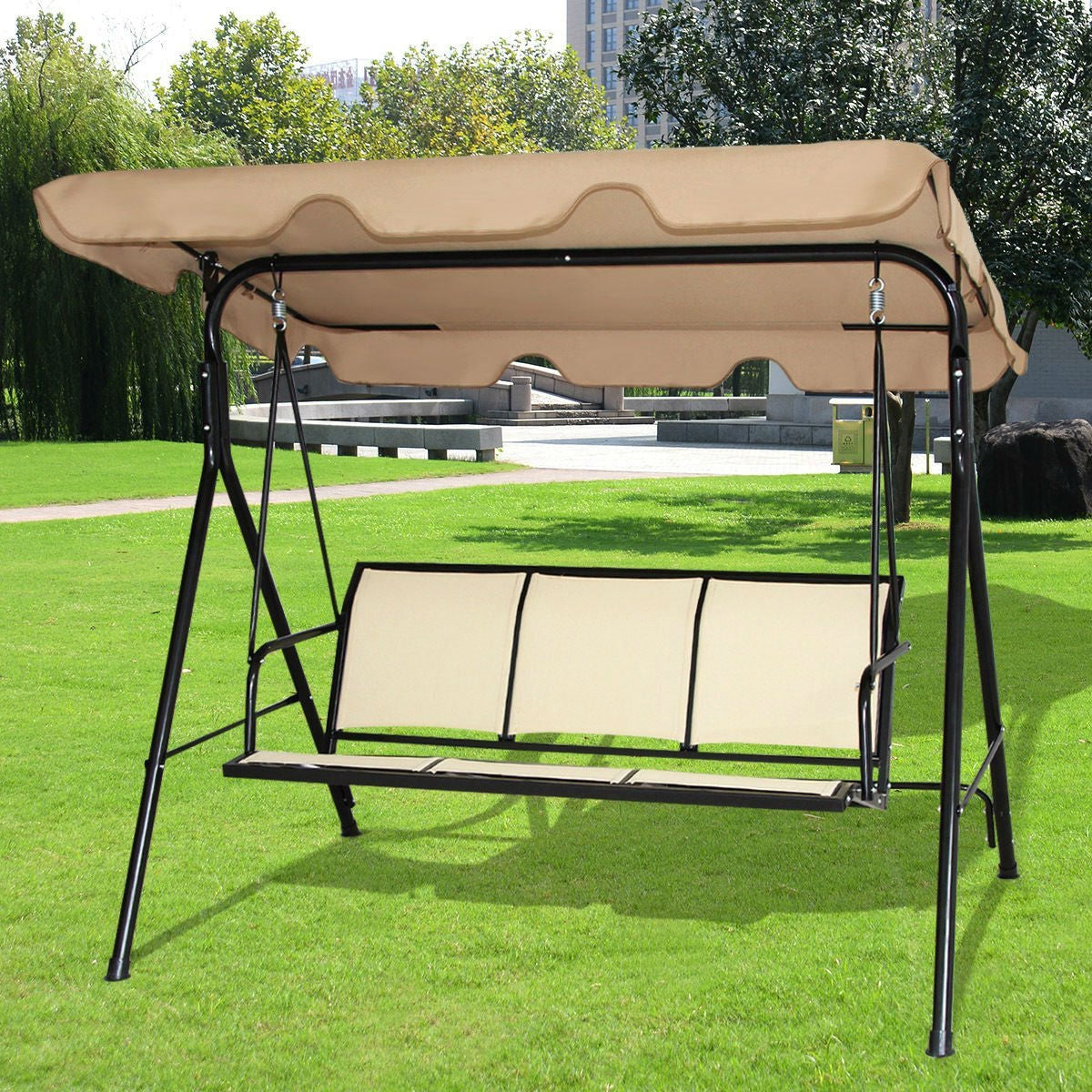 Outdoor > Outdoor Furniture > Porch Swings And Gliders - Outdoor Porch Patio 3-Person Canopy Swing In Light Brown
