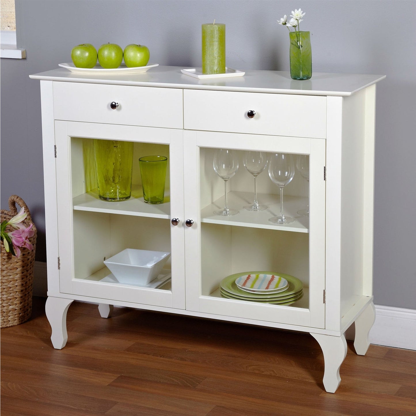 Dining > Sideboards & Buffets - Antique White Sideboard Buffet Console Table With Glass Doors