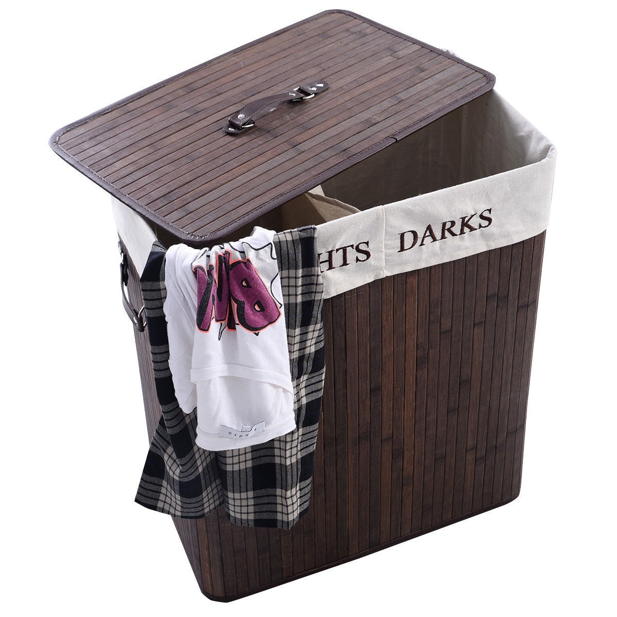 Bathroom > Laundry Hampers - Folding 2-Bin Brown Bamboo Laundry Hamper With Handles