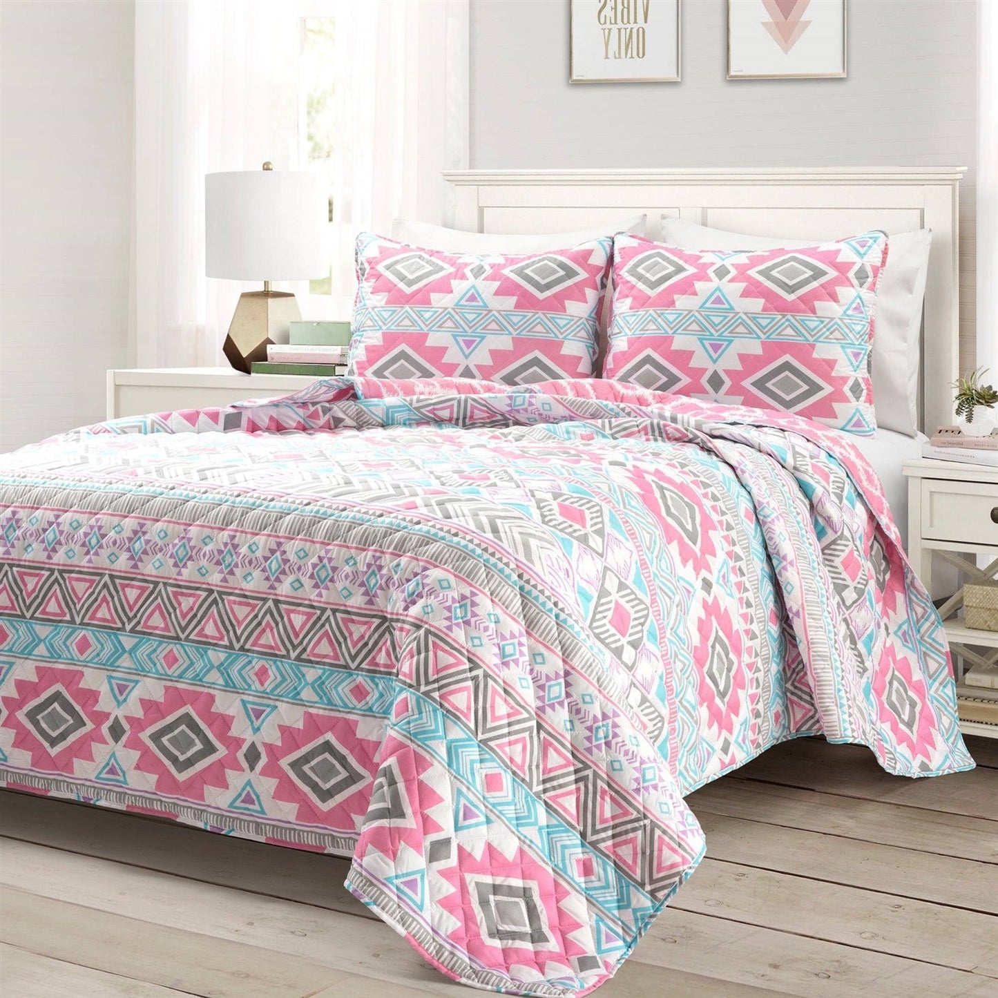 Bedroom > Quilts & Blankets - Twin Southwest Indian Style Polyester Pink Blue Striped Reversible Quilt Set