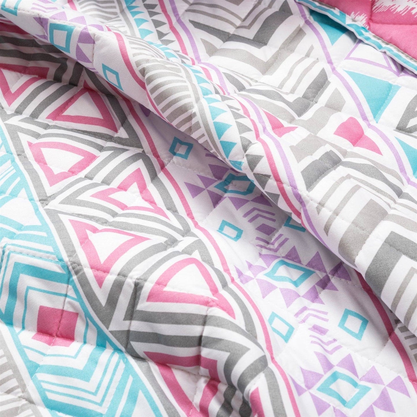 Bedroom > Quilts & Blankets - Full/Queen Southwest Style Polyester Pink Blue Striped Reversible Quilt Set