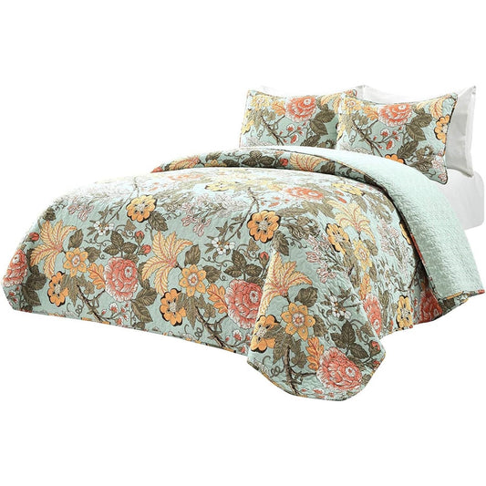 3 Piece FarmHouse Teal Floral Cotton Reversible Quilt Set, King-Novel Home