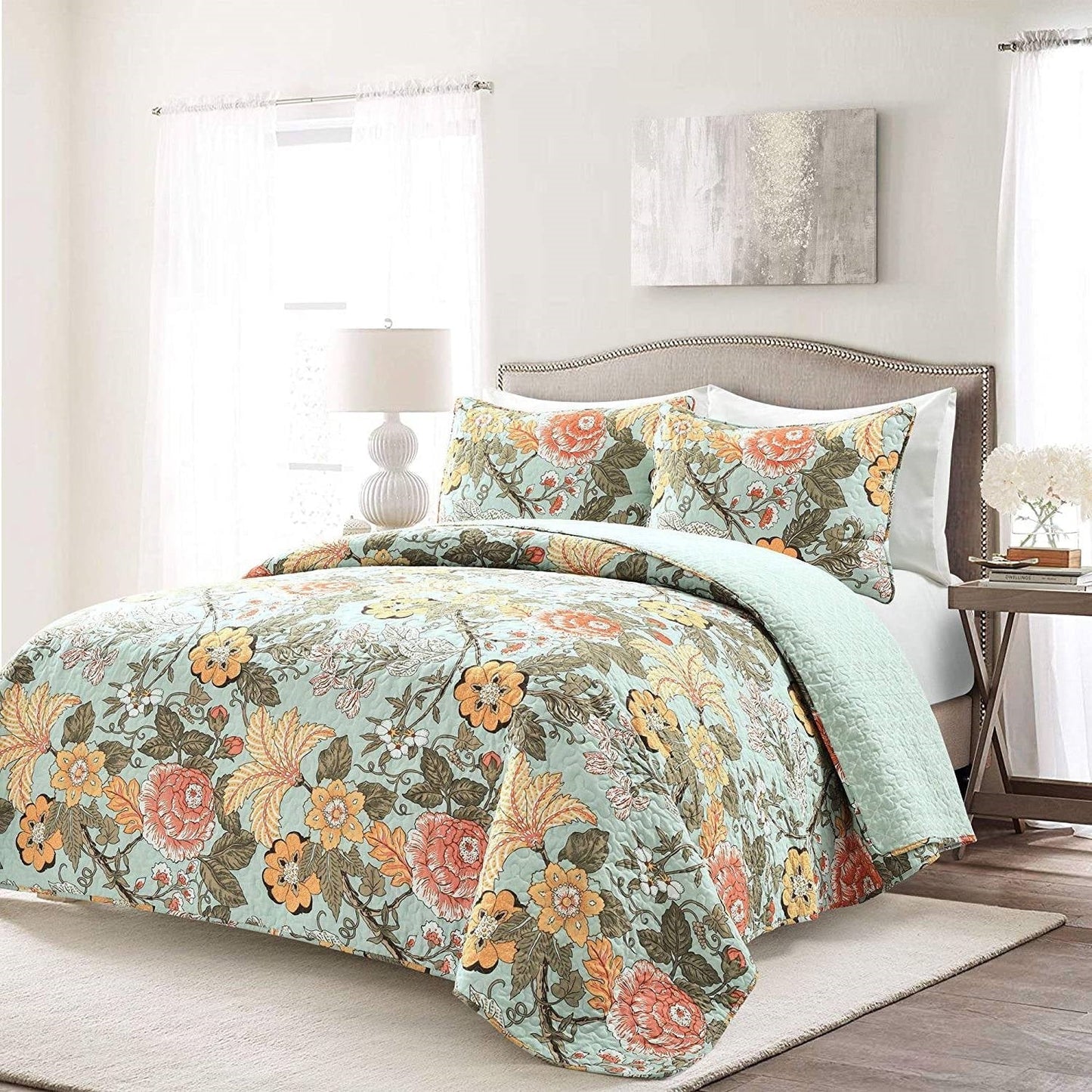3 Piece FarmHouse Teal Floral Cotton Reversible Quilt Set, King-Novel Home
