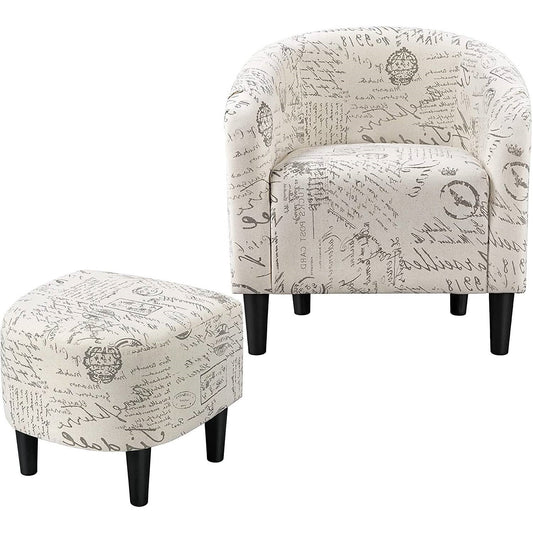 Living Room > Sofas - Letter Print French Upholstered Barrel Chair And Ottoman Set