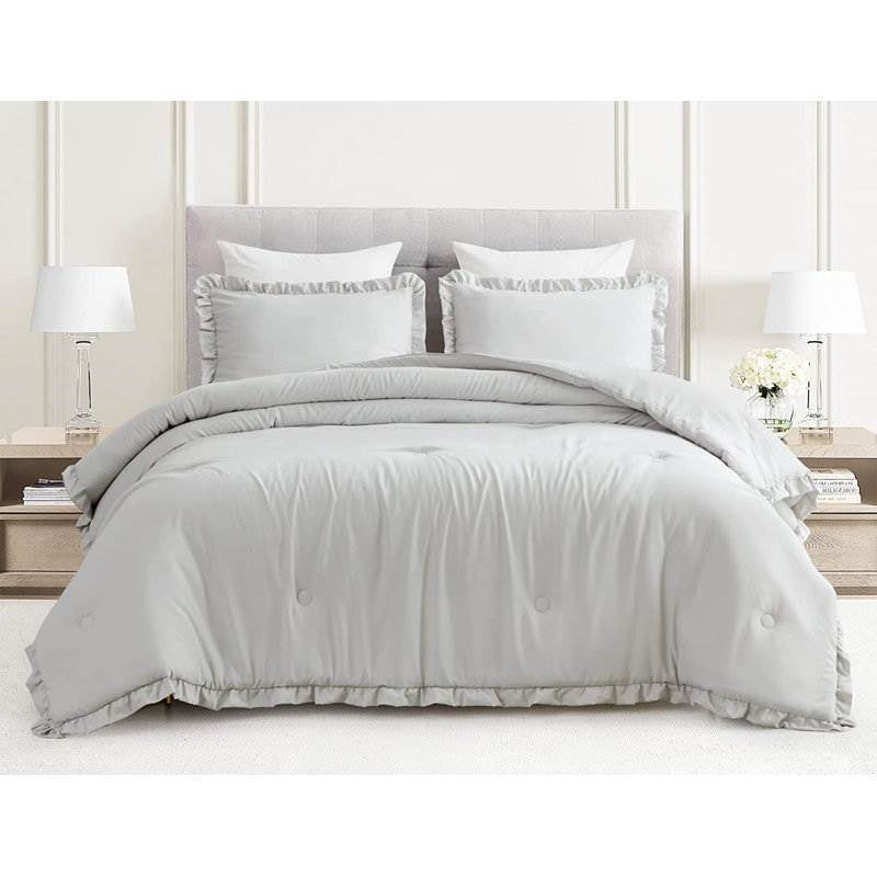 Bedroom > Comforters And Sets - Full Size Grey Stone Washed Ruffled Edge Microfiber Comforter Set