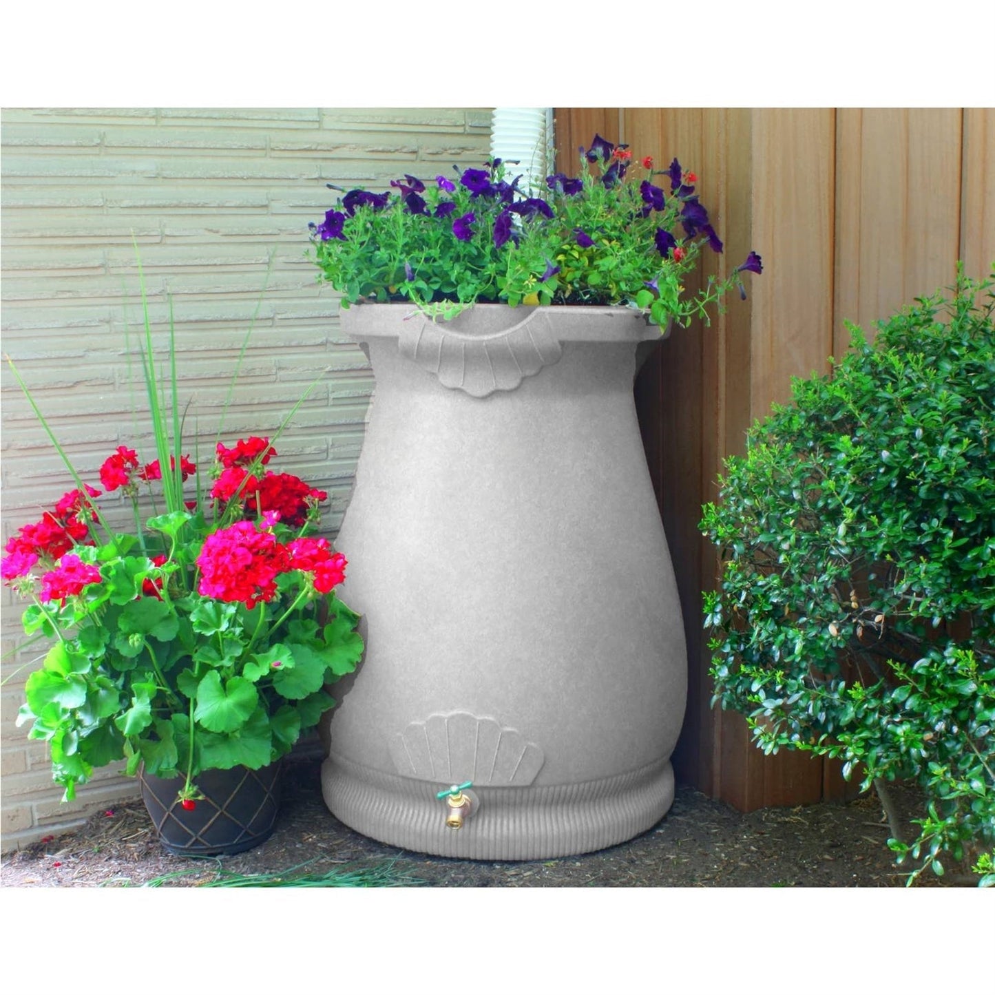 Outdoor > Gardening > Rain Barrels - Light Grey Granite 65 Gallon Plastic Urn Rain Barrel With Planter Top