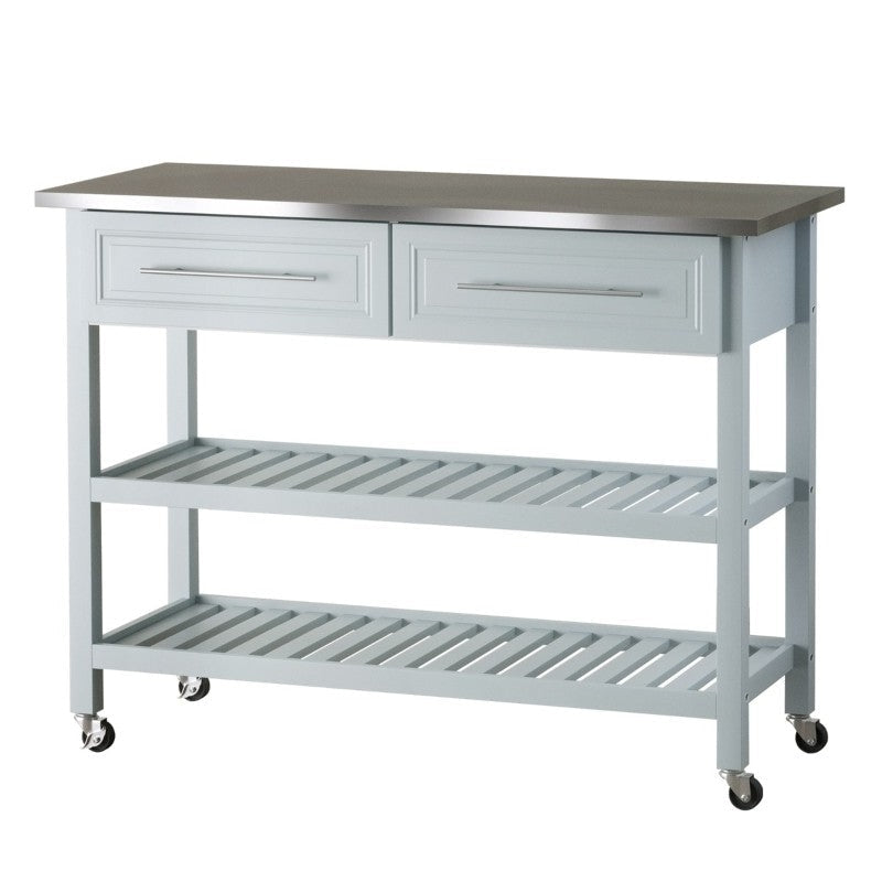 Kitchen > Kitchen Carts - Light Gray Rolling Kitchen Island 2 Drawers Storage With Stainless Steel Top