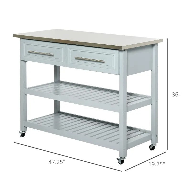 Kitchen > Kitchen Carts - Light Gray Rolling Kitchen Island 2 Drawers Storage With Stainless Steel Top