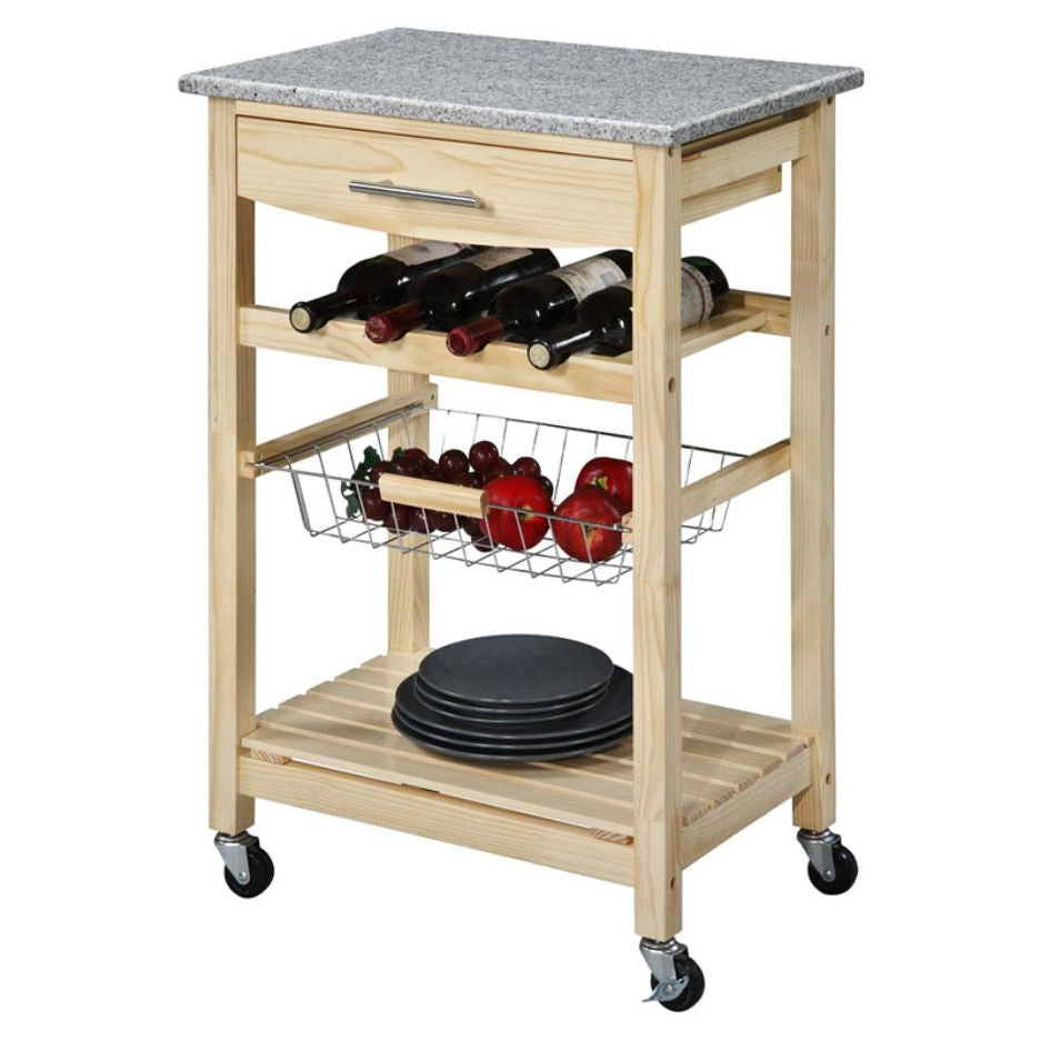 Kitchen > Kitchen Carts - Natural Wood Finish Kitchen Island Cart With Granite Top