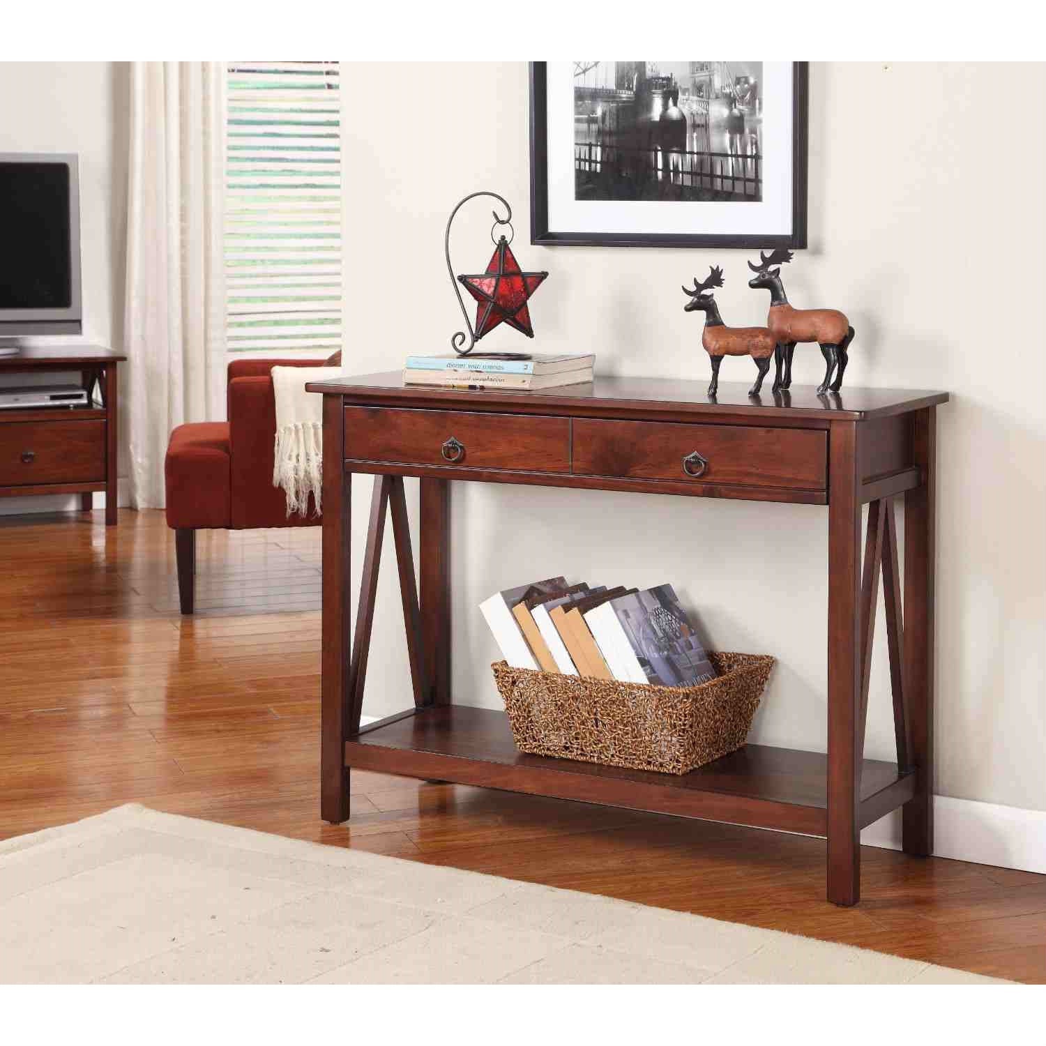 2-Drawer Console Sofa Table Living Room Storage Shelf in Tobacco Brown-Novel Home