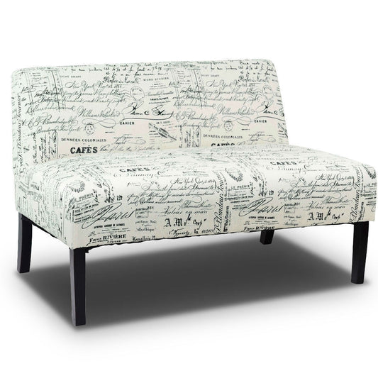 Living Room > Sofas - Modern Loveseat Sofa With Off-White Cursive Pattern Upholstery And Black Wood Legs