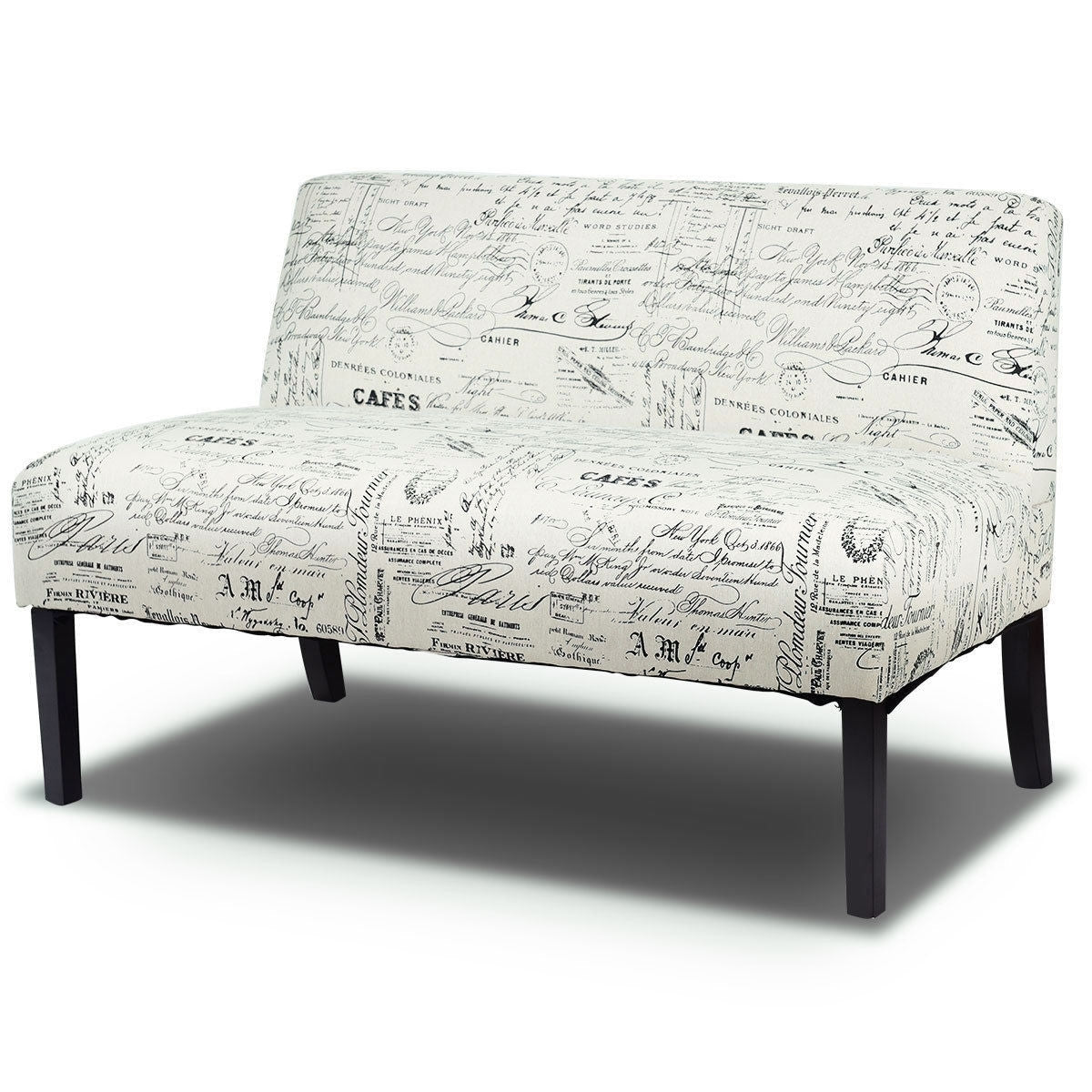 Living Room > Sofas - Modern Loveseat Sofa With Off-White Cursive Pattern Upholstery And Black Wood Legs