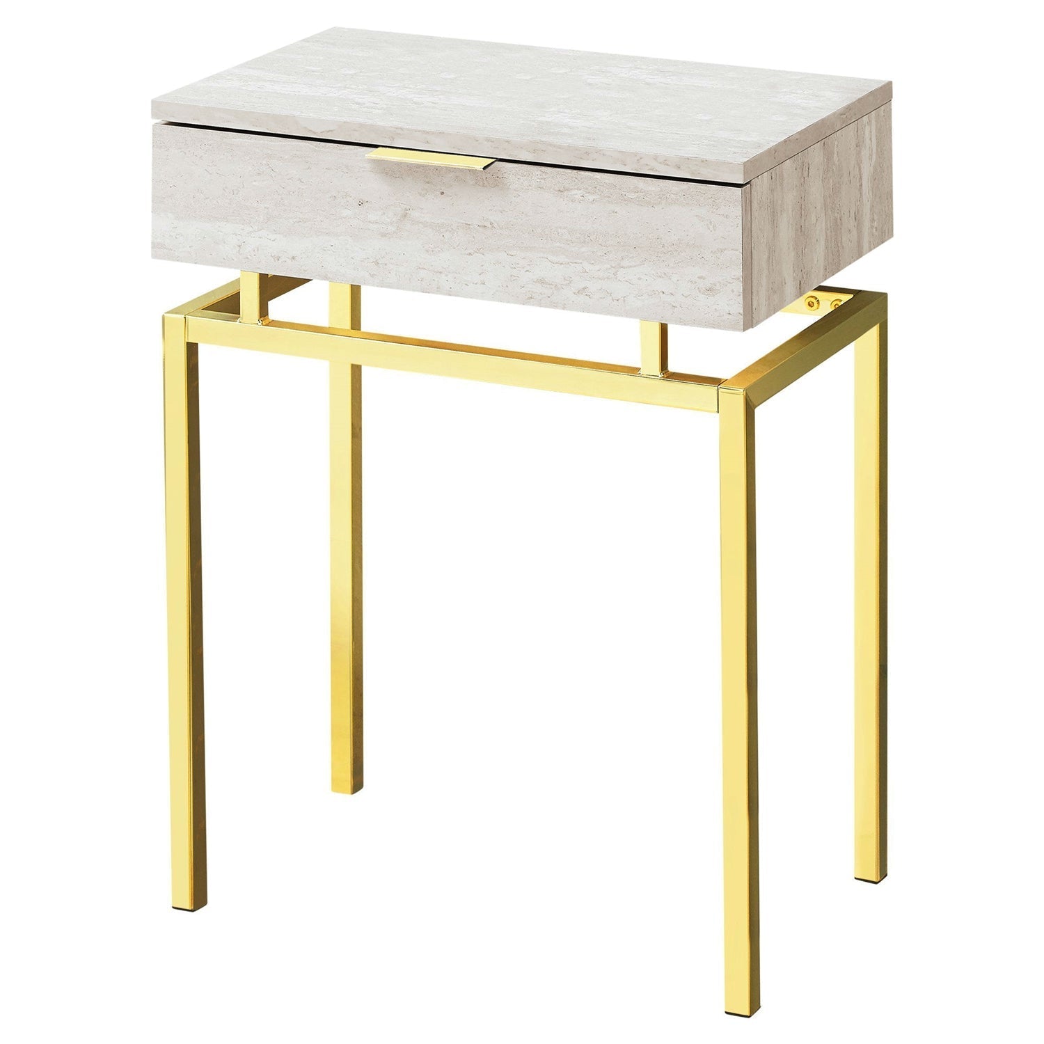 24in Modern End Table 1 Drawer Nightstand Beige Marble Gold Legs-Novel Home