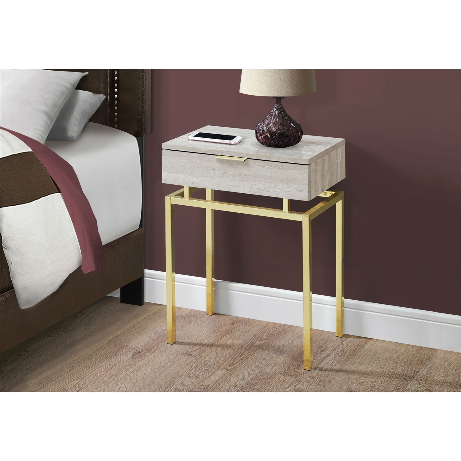 24in Modern End Table 1 Drawer Nightstand Beige Marble Gold Legs-Novel Home