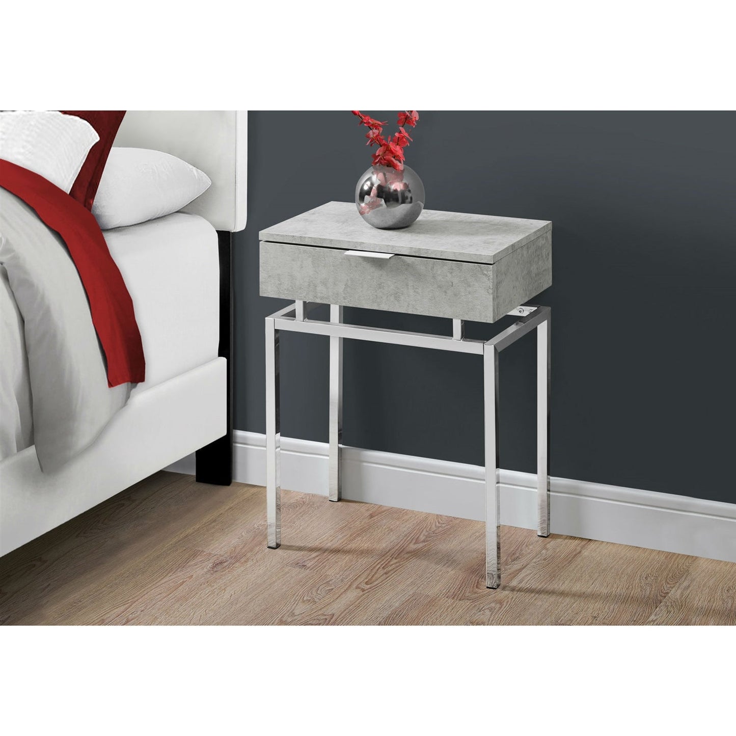 24in Modern End Table 1 Drawer Nightstand Grey with Chrome Metal Legs-Novel Home