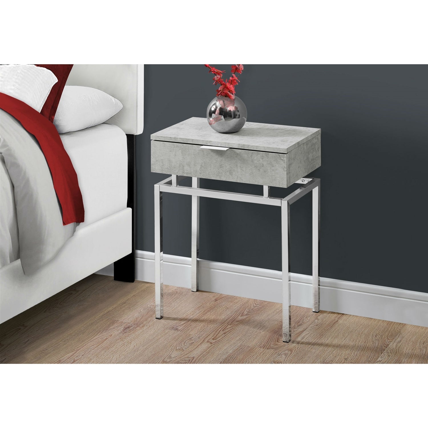 24in Modern End Table 1 Drawer Nightstand Grey with Chrome Metal Legs-Novel Home