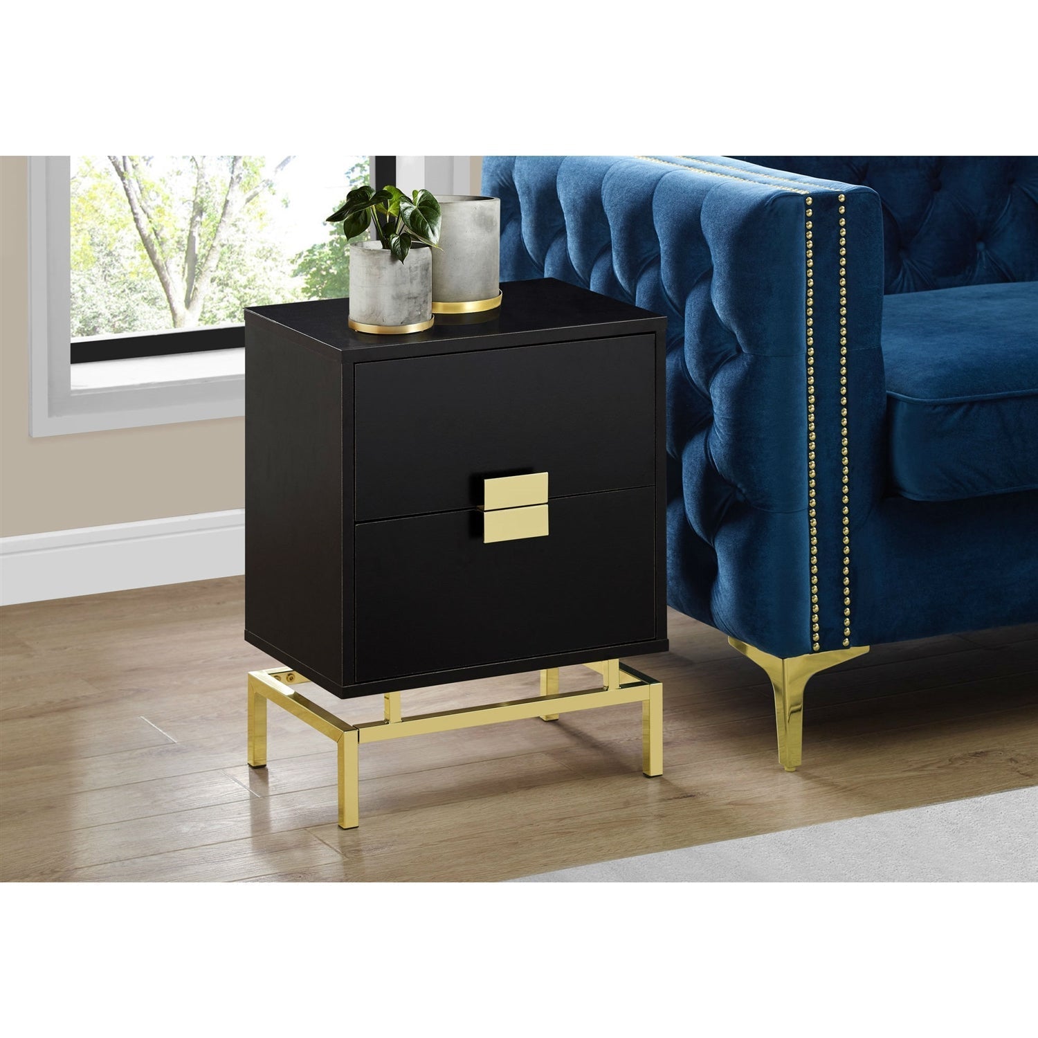 24in Retro 2 Drawer NightStand End Table Cappuccino with Gold Metal Legs-Novel Home