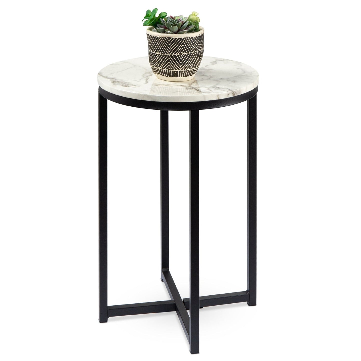 Bedroom > Nightstand And Dressers - Round Cross Leg Design Coffee Side Table Nightstand With Faux Marble Top White/Matte Black