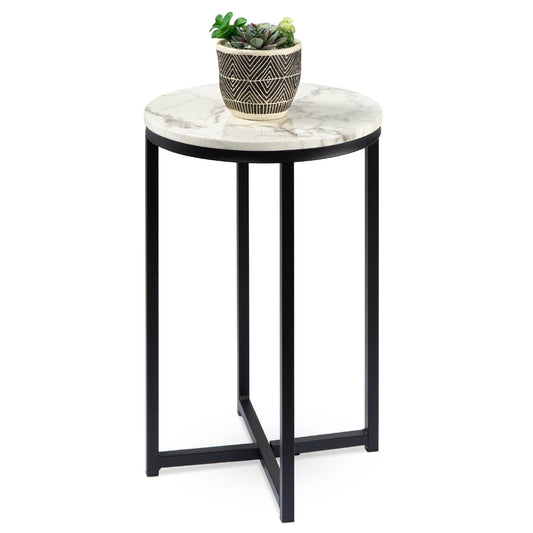 Bedroom > Nightstand And Dressers - Round Cross Leg Design Coffee Side Table Nightstand With Faux Marble Top White/Matte Black