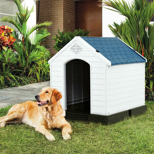 Bedroom > Cat And Dog Beds - Medium Size Dog House Outdoor White Blue Plastic With Elevated Floor