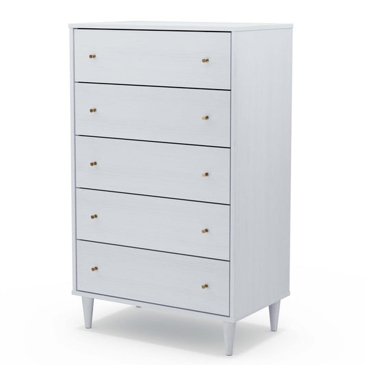 Bedroom > Nightstand And Dressers - Farmhouse Rustic White Mid Century 5 Drawer Chest