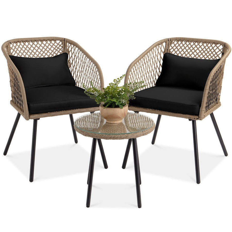 Outdoor > Outdoor Furniture > Patio Furniture Sets - 3 Piece Beige/Black Outdoor Weave Wicker Bistro W/ Tempered Glass Side Table Set
