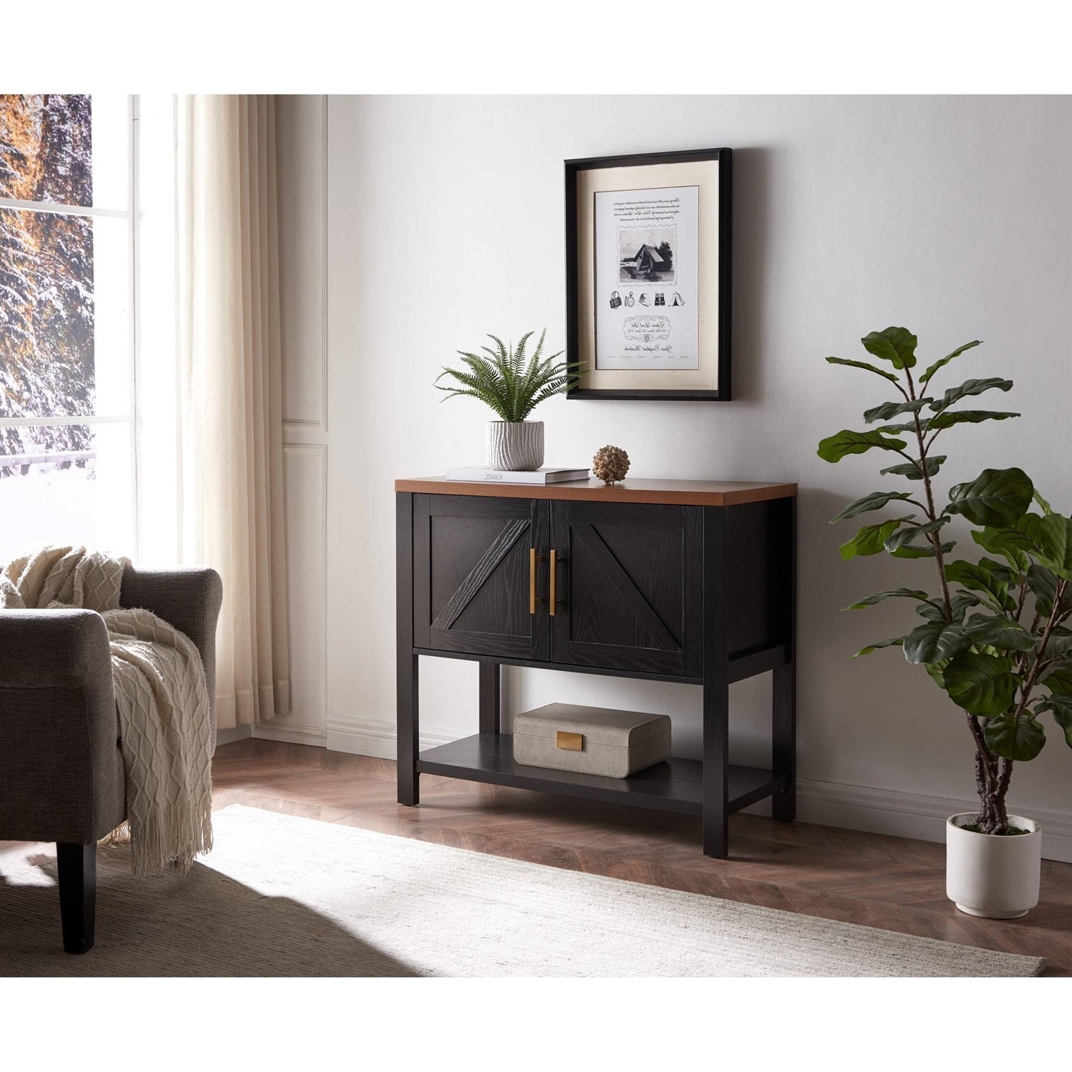 Dining > Sideboards & Buffets - Modern 2 Drawer Wooden Storage Console Table Black/Walnut