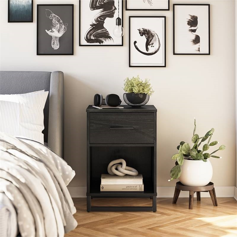Bedroom > Nightstand And Dressers - Modern 1-Drawer Bedroom Nightstand In Rustic Black Wood Finish With Metal Legs