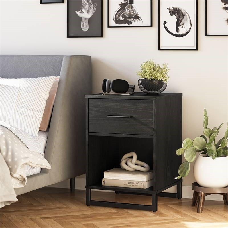 Bedroom > Nightstand And Dressers - Modern 1-Drawer Bedroom Nightstand In Rustic Black Wood Finish With Metal Legs