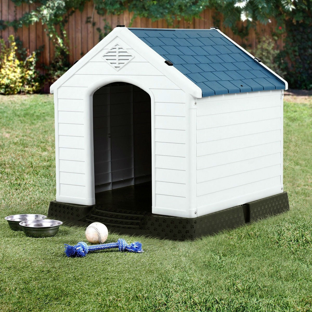 Outdoor > Dog House & Cat Houses - Medium Size Outdoor Heavy Duty Blue And White Plastic Dog House
