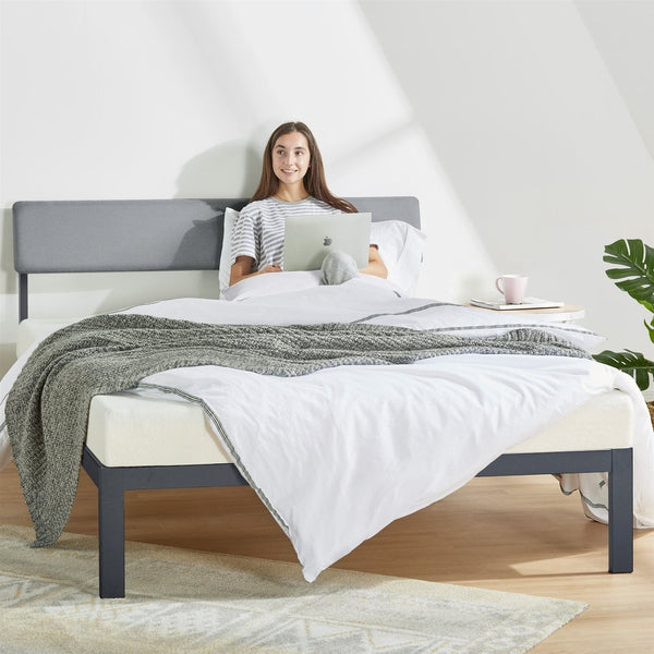 Bedroom > Bed Frames > Platform Beds - King Size Grey Soft Fabric Metal Headboard Platform Bed Wooden Slats